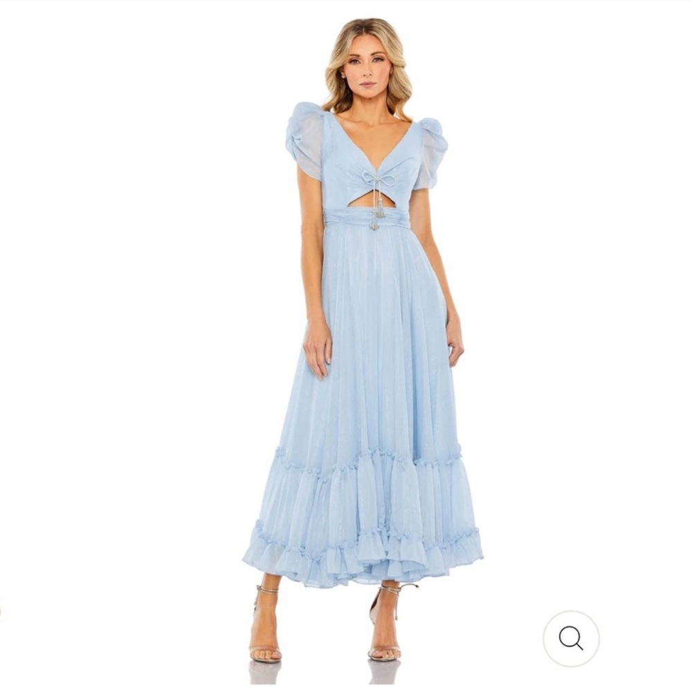 Mac Duggal Ruffle Tiered Metallic Ruched Shoulder Dress NWT